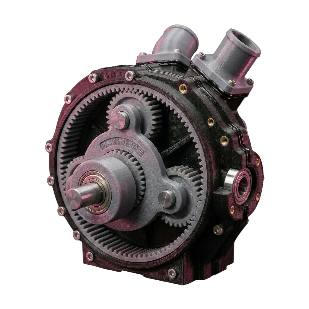 Cluster of 3D-printed engineering parts with pink rim lighting